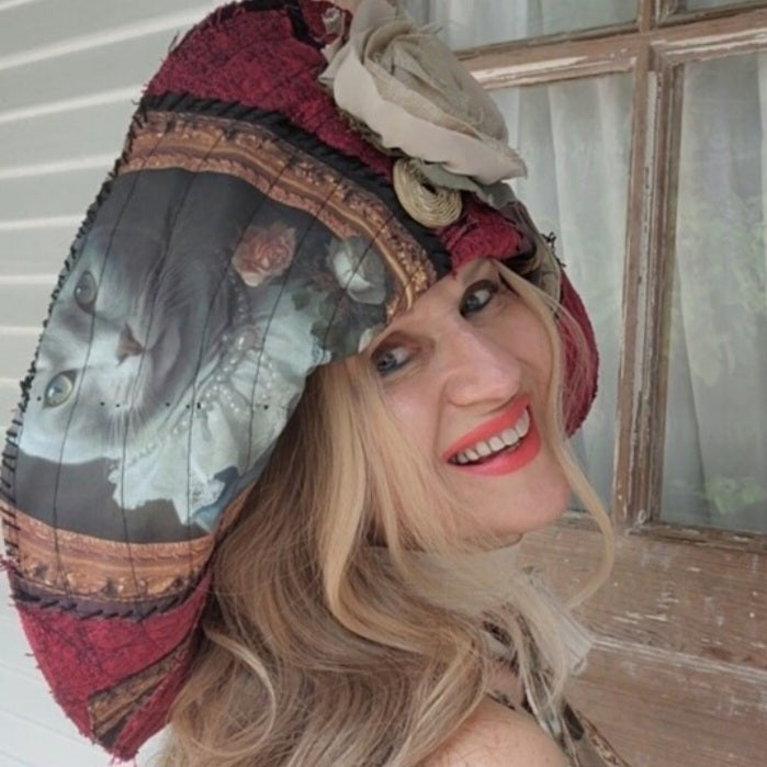 Baroque Cat / Burgundy Denim Designer Top Hat Ripped Patched Cottage Hand Stitched Of-White Peony/Rose Pin