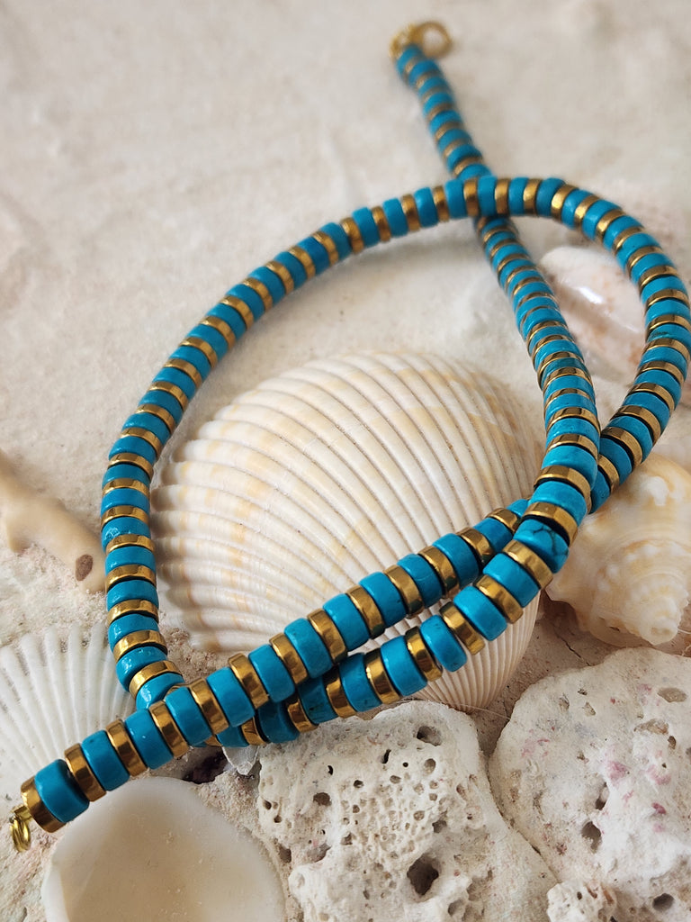 Snake Island / Surf Choker Natural Blue Stone Turquoise Unique Beaded Necklace for Men