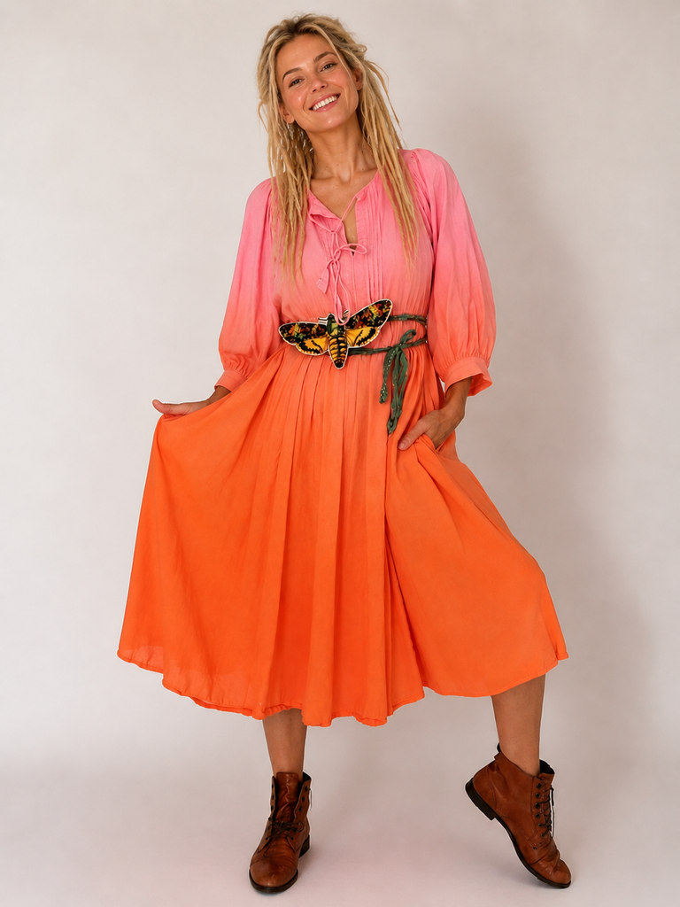 Ombré Tangerine Halyna / Designer Dress Upcycled Ombré Pink Tangerine Shabby Chic Cottage Butterfly JabotPatched Logo Monogram