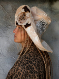 Comtesse La Fleur / Designer Top Hat Upcycled Raw Wide-Brim Rose Pin Pearl Embellishment Patched Artisan Hat