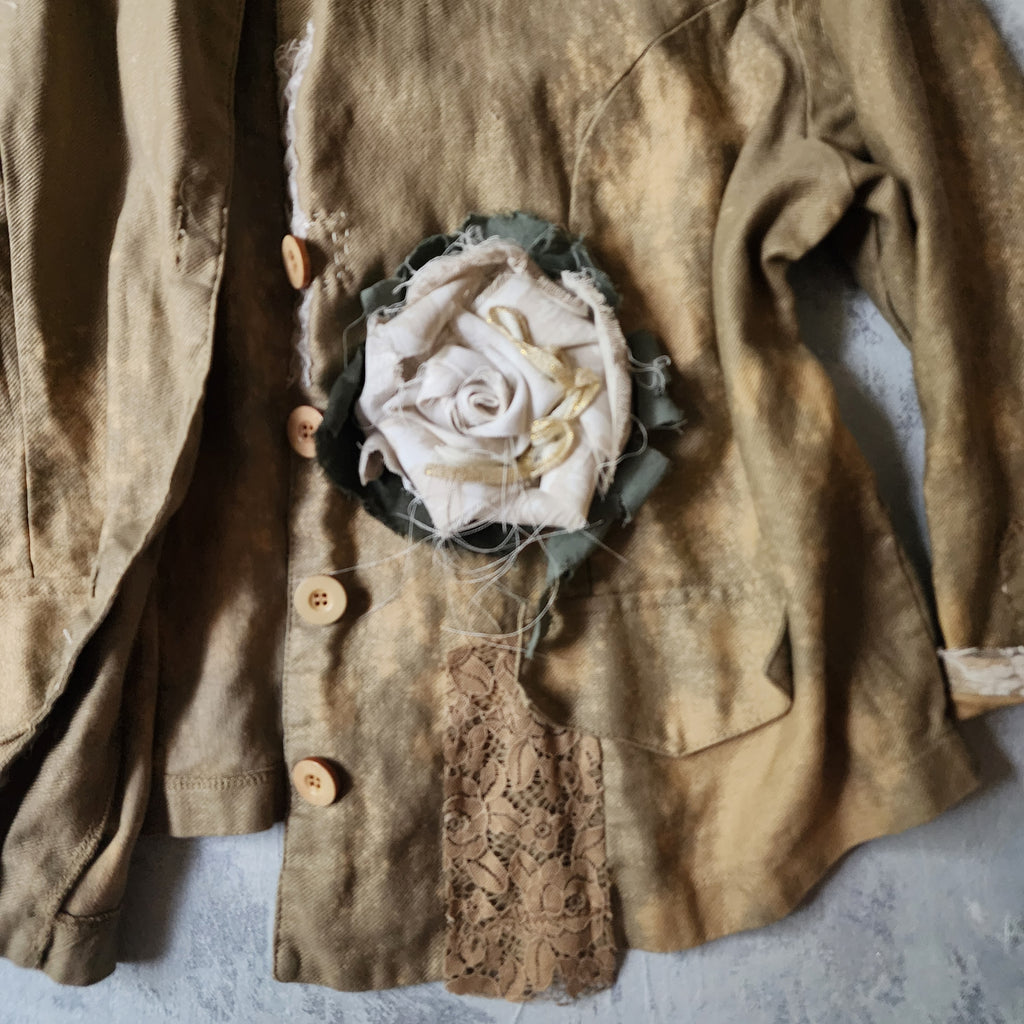 Artisan Approach / Designer Blazer Unique Concept Wear Large 3D White Rose Linen Avangard Fashion Shabby Chic Jacket