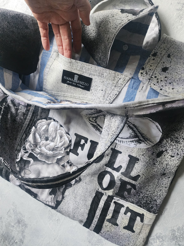FOLL OF IT / Designer Handbag Distressed Black Denim Scull Appliqué Logo Eye Patch Appliqué Avant-garde Street-wear