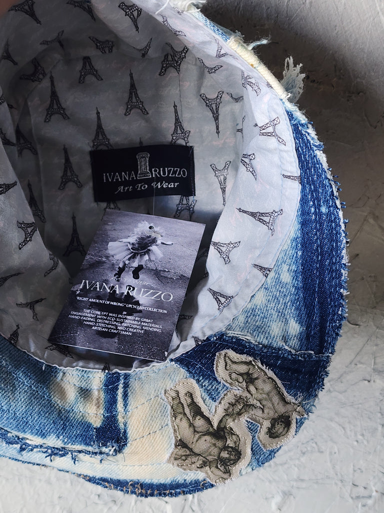 L'AZUR DE GURSON / Avant-Garde Top Hat Sculptured Designer French Garçon Cap Upcycled Blue Denim Raw Cut Patched