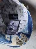 L'AZUR DE GURSON / Avant-Garde Top Hat Sculptured Designer French Garçon Cap Upcycled Blue Denim Raw Cut Patched