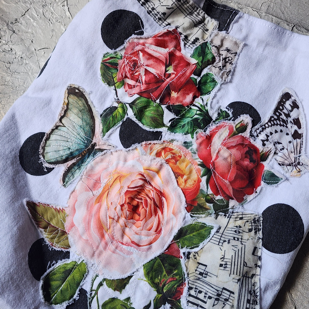 "Polka Polka Dot " / Boho Bag Red Rose Vintage Polkadot European Cotton Crossbody Designer appliqué logo