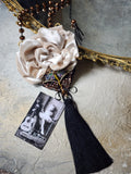 Camellia / Victorian Jabot Black Tassel Vintage Rose Velvet White Camellia Necktie Shabby Chic Cottage Botanical