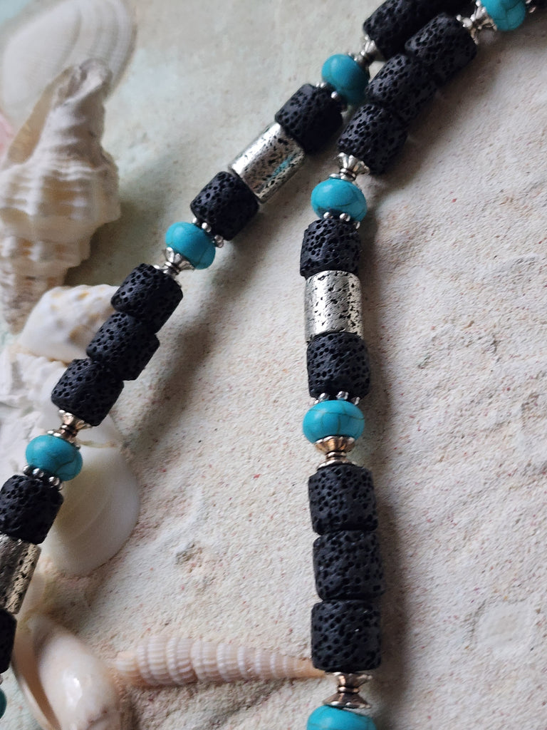 SURF / Large Surf Choker Natural Blue Stone Chrome Lava Unique Beaded Necklace for Men