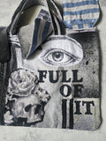 FOLL OF IT / Designer Handbag Distressed Black Denim Scull Appliqué Logo Eye Patch Appliqué Avant-garde Street-wear