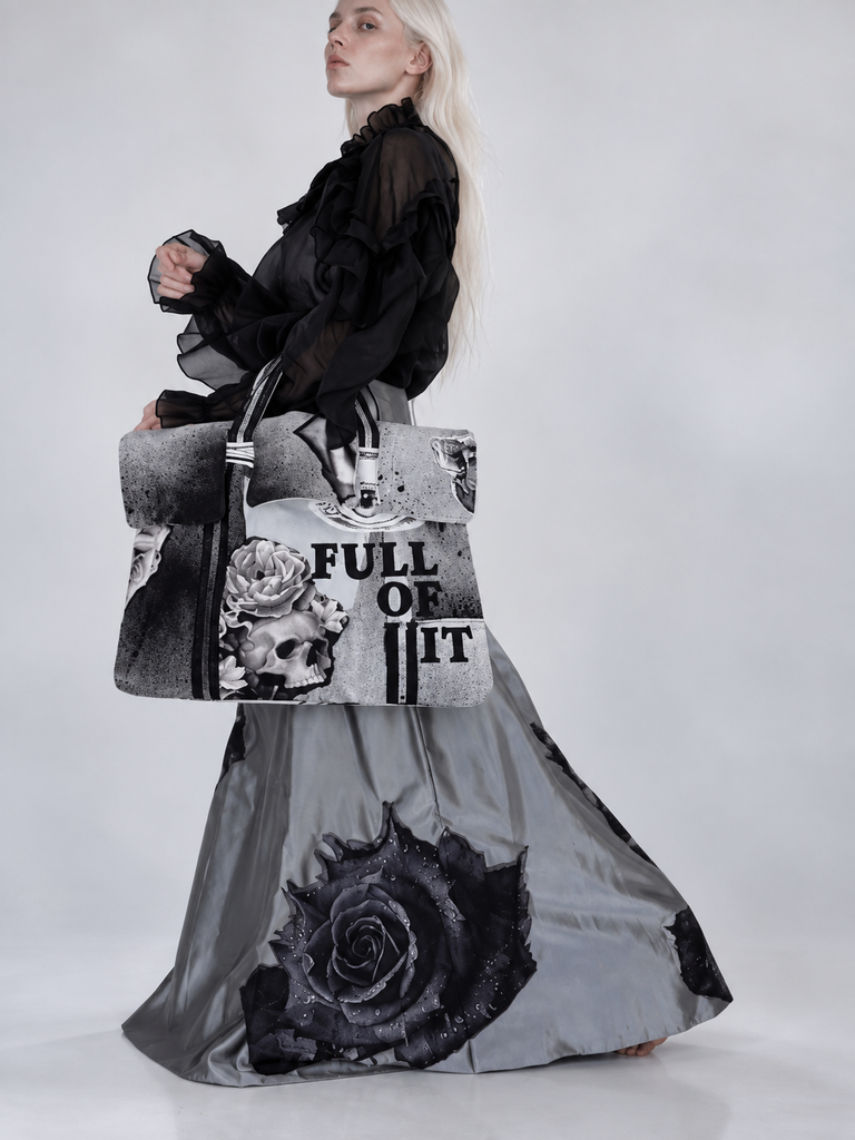 FOLL OF IT / Designer Handbag Distressed Black Denim Scull Appliqué Logo Eye Patch Appliqué Avant-garde Street-wear