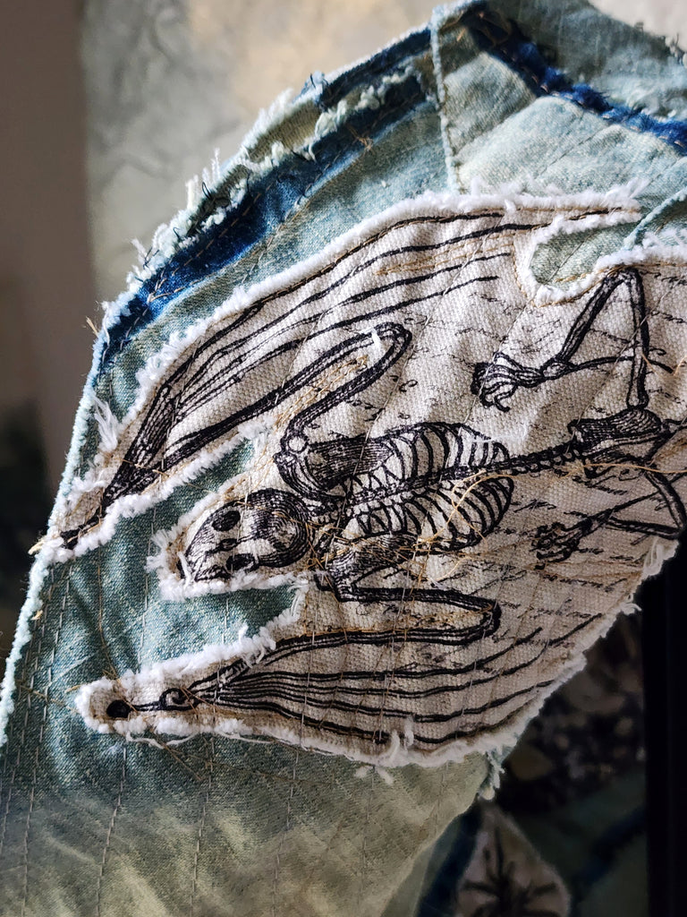 ARCHIVIST / Avant-Garde Sculptured Tophat Wide Side Upcycled Denim Raw Cut Snake Print Patched Dark Academy Vintage style