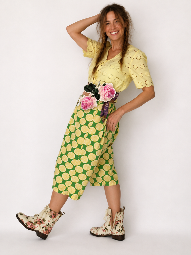 Cloudless Lemon / Bloomers Victorian Pants Shabby Chic Aplique Lemon Floral Print Patchwork Romantic Chic Patched Avant-garde