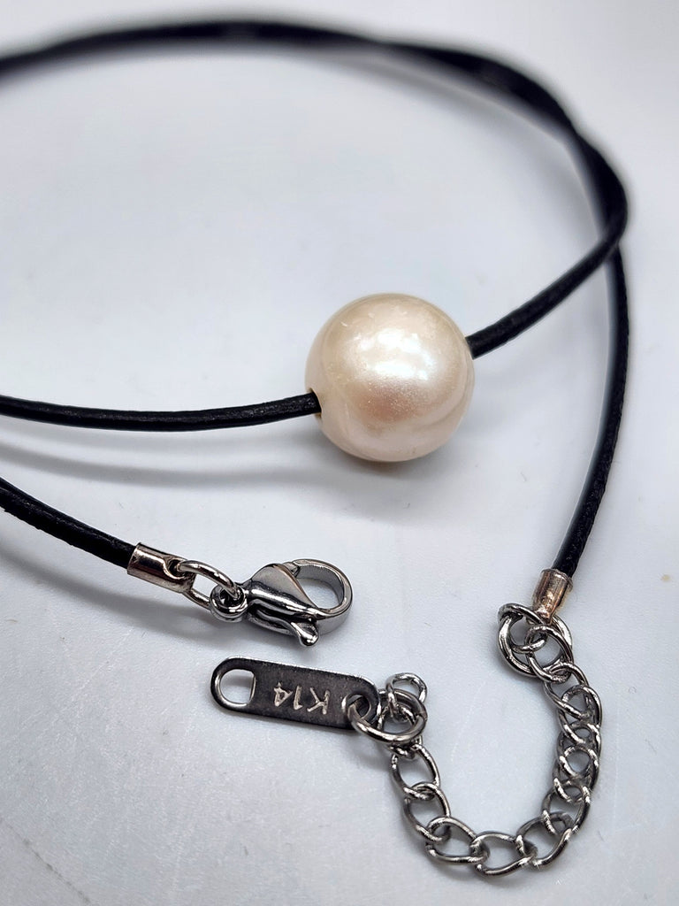 Floating Pearl / 14K White Gold Plated Chain Clasp Freshwatter Large Natural Pearl Genuine Black Leather