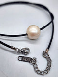 Floating Pearl / 14K White Gold Plated Chain Clasp Freshwatter Large Natural Pearl Genuine Black Leather