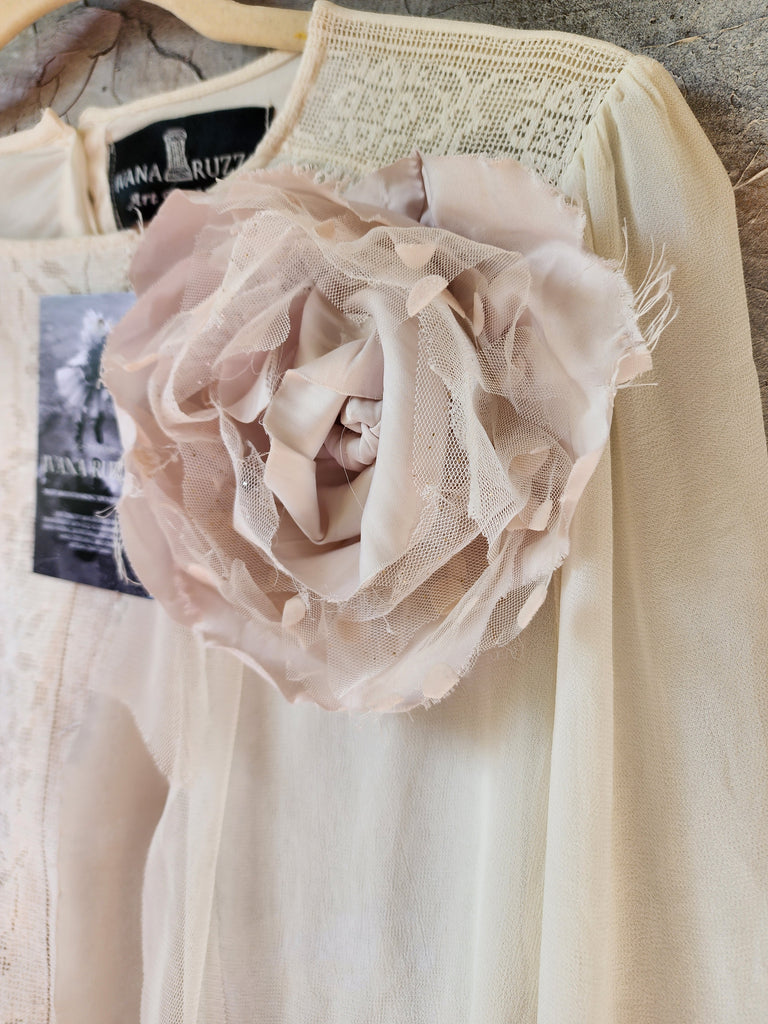 Quiet Drama / Bohemian Blouse Ivory Textured Lace Avant-garde Organic Drape Large Sculptural Rose Silk Fabric Flower