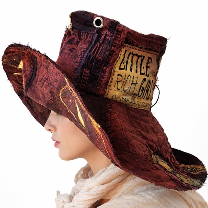 Melanitis Leda / Designer Top Hat Upcycled Raw Wide-Brim Butterfly Patched Artisan Hat Avant-Garde Sculptural Hat