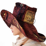 Melanitis Leda / Designer Top Hat Upcycled Raw Wide-Brim Butterfly Patched Artisan Hat Avant-Garde Sculptural Hat