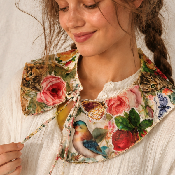 Cottage Cat / Patchwork Caller Bird Jabot Butterfly BowTie Vintage 100% European Cotton  Patchwork Shabby Chic Victorian
