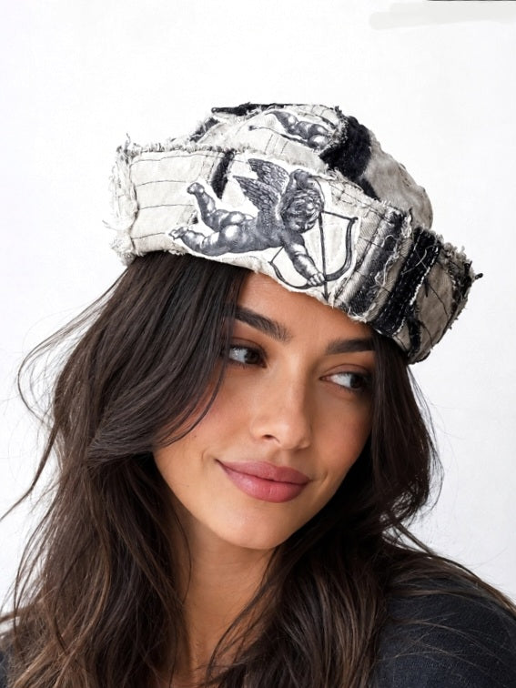 Angel Swing / Avant-Garde Sailor Hat Dyed Distressed Denim Cupid Angel Print Logo Patch Dark Academy Vintage