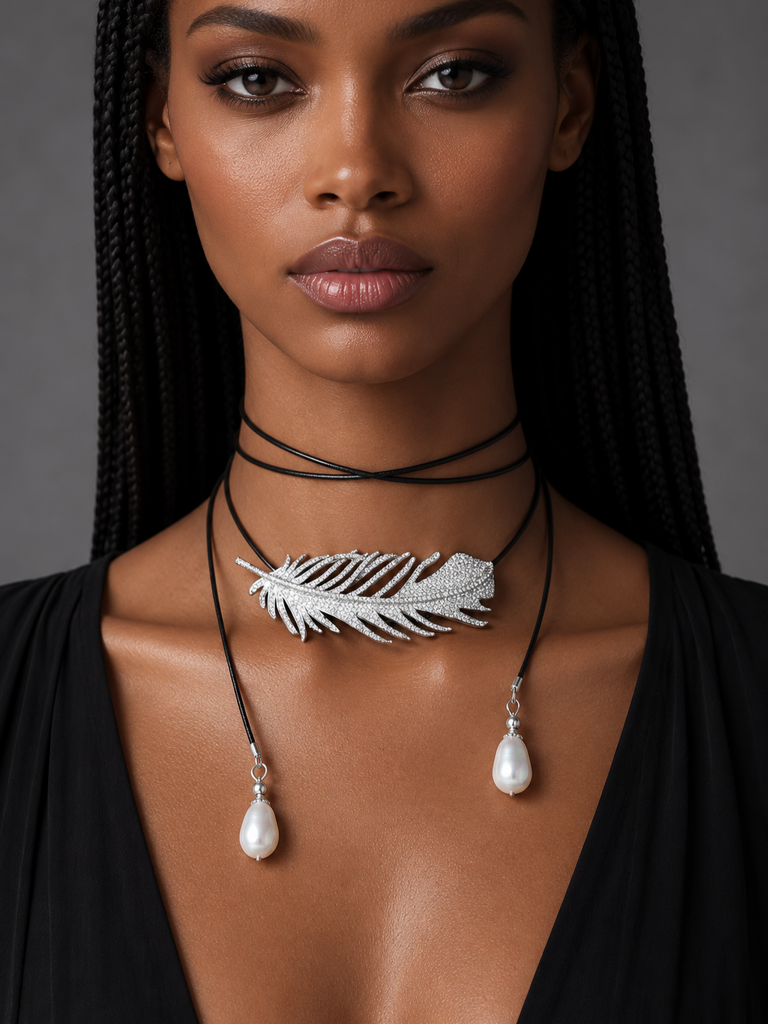 Patricia Night / 14K Gold plated Designer Couture Statement Necklace Feather Choker Topaz Pave Genuine Leather Pearl Lariat