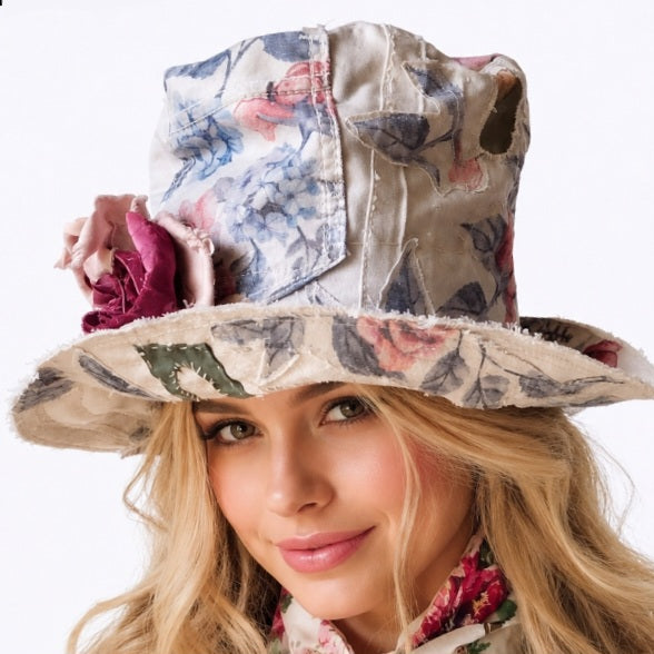 Watercolor Party / Designer Top Hat Ripped Patchwork Cottage rose Botanical Flower Shabby Chic  Boho