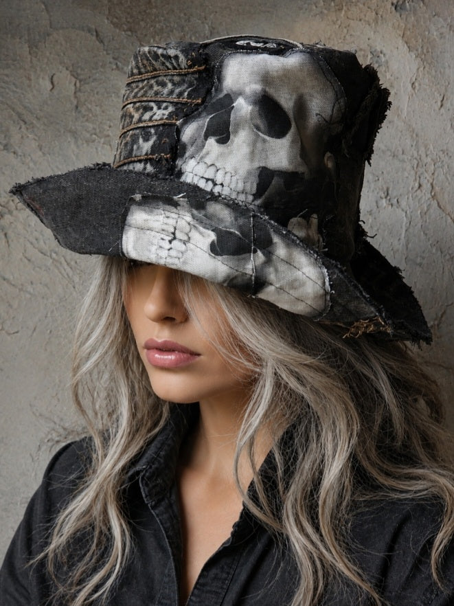 SAINT AND RELIC NUMBER 5 / AVANT-GARDE TOP HAT SKULL APLIQUE UPCYCLED BLACK DENIM SCULPTURED ARTISAN HAT