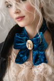 Edwardiana / Victorian Jabot Bow Tie Ocean Blue Velvet Choker Vintage Medallion Brooch Millennially Streetwear
