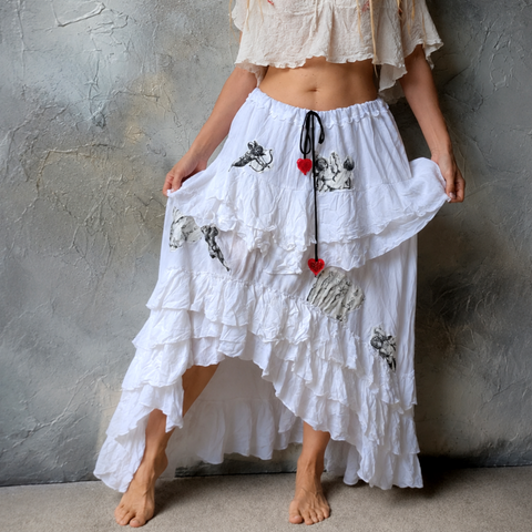 Southern Charm / Maxi Skirt Cotage Romantic Country Chic Patched ANGEL Aplique Red Heart Vintage European 100% Cotton