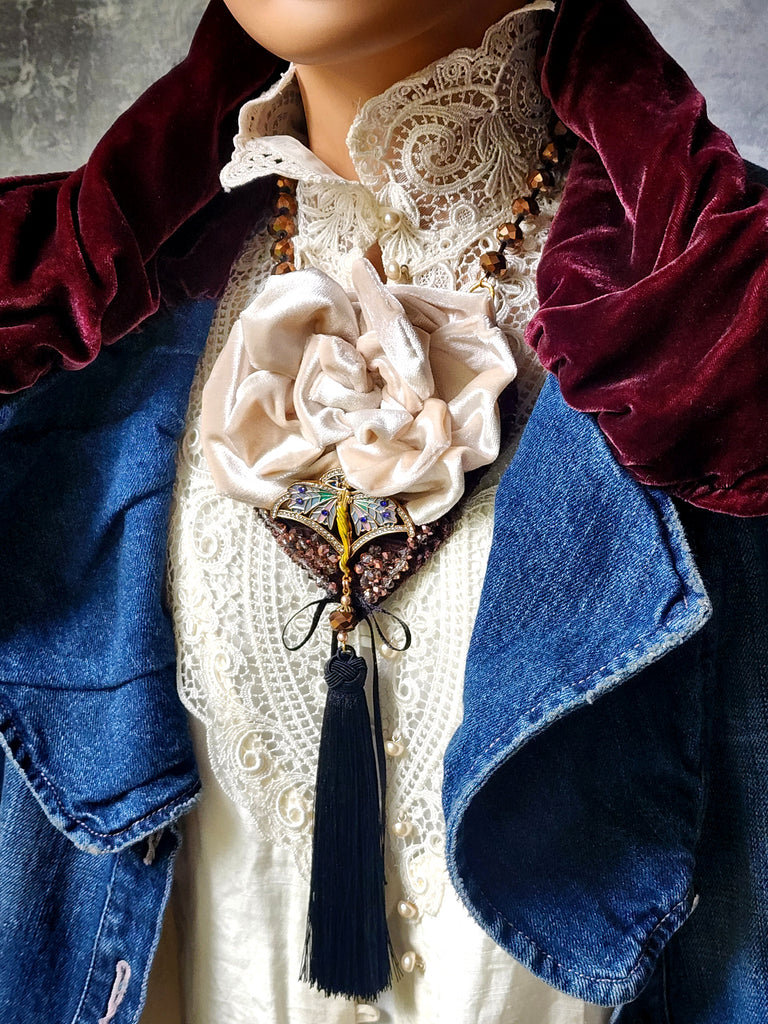 Camellia / Victorian Jabot Black Tassel Vintage Rose Velvet White Camellia Necktie Shabby Chic Cottage Botanical
