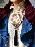 Camellia / Victorian Jabot Black Tassel Vintage Rose Velvet White Camellia Necktie Shabby Chic Cottage Botanical