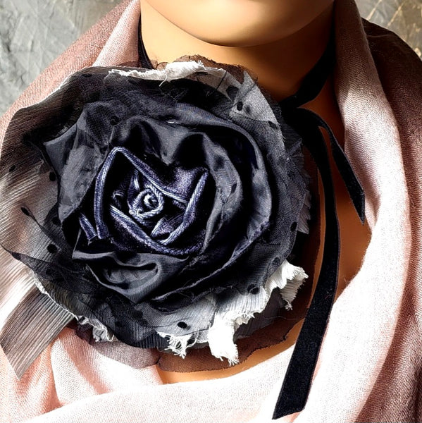 Baccara / Large Black Rose BowTie Jabot Vintage Lace Romantic Botanical Polka Dot Tulle Bohemian Accessories Black velvet Choker