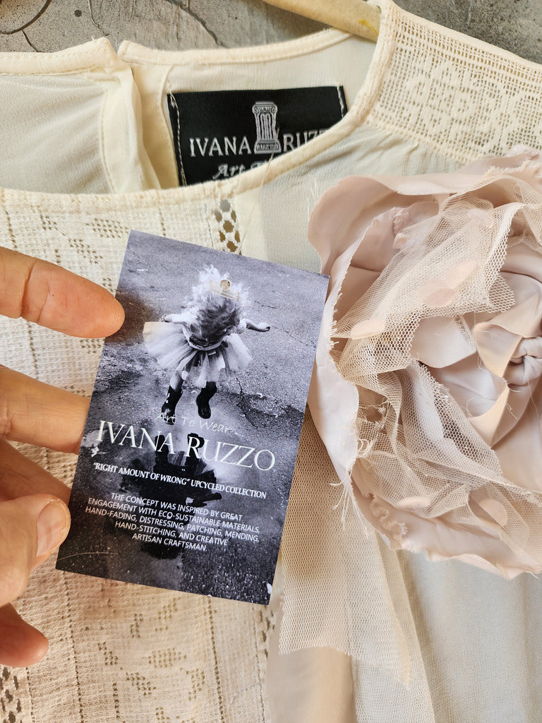 Quiet Drama / Bohemian Blouse Ivory Textured Lace Avant-garde Organic Drape Large Sculptural Rose Silk Fabric Flower