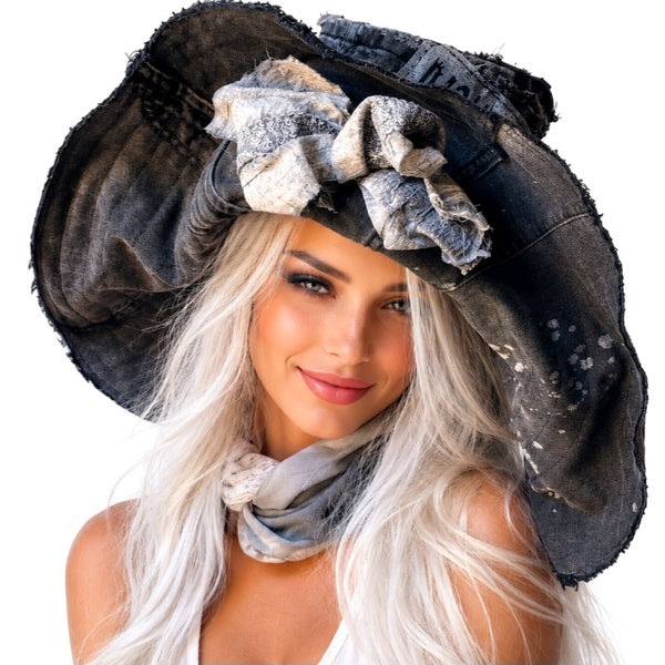 SPIRIT OF VENICE / Designer Top Hat Shabby Chic Hat Upcycled Distressed Denim Bohemian Avant-garde Hat Hand Stitched Top Hat Patchwork