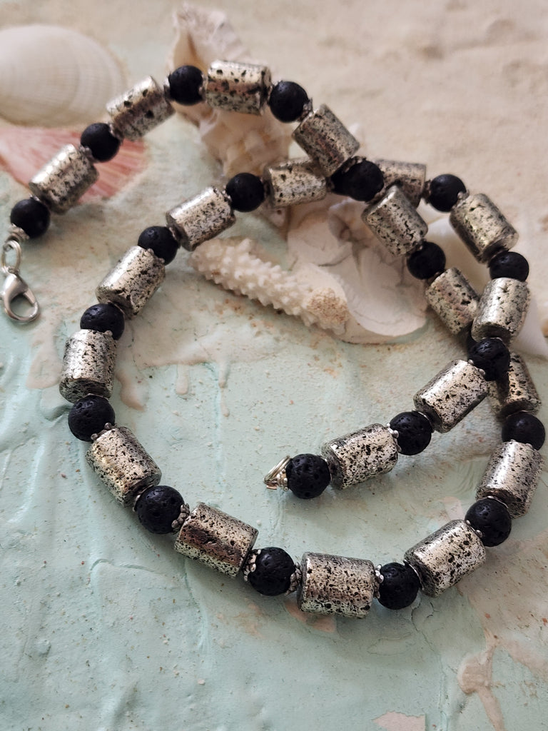 Lava And Chrome / Large Surf Choker Natural Blue Stone Lava Unique Beaded Necklace for Men