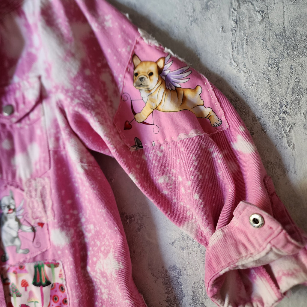 DOGS AND HEARTS / Designer Hot Pink Denim Jumpsuit Romper Unique Concept Wear Avangard Fashion Shabby Chic