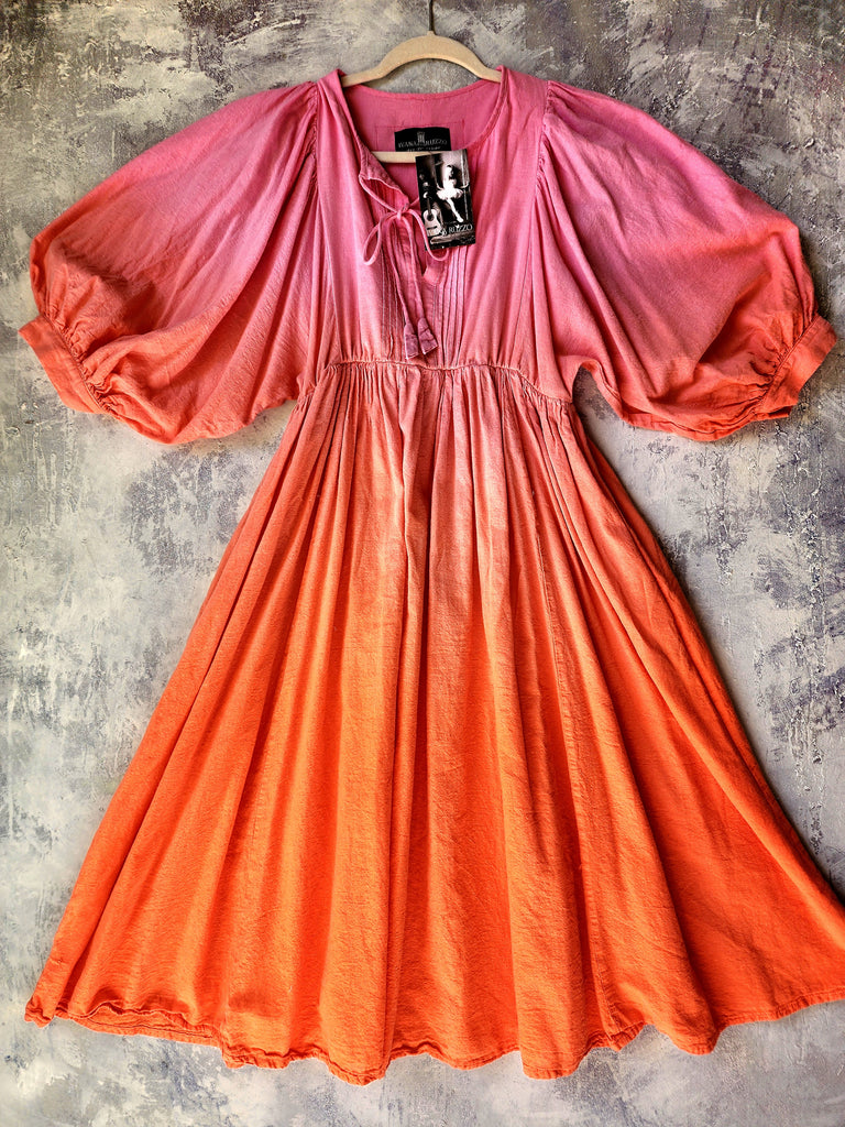 Ombré Tangerine Halyna / Designer Dress Upcycled Ombré Pink Tangerine Shabby Chic Cottage Butterfly JabotPatched Logo Monogram