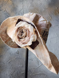 Comtesse La Fleur / Designer Top Hat Upcycled Raw Wide-Brim Rose Pin Pearl Embellishment Patched Artisan Hat