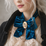 Edwardiana / Victorian Jabot Bow Tie Ocean Blue Velvet Choker Vintage Medallion Brooch Millennially Streetwear