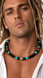 SURF / Large Surf Choker Natural Blue Stone Chrome Lava Unique Beaded Necklace for Men