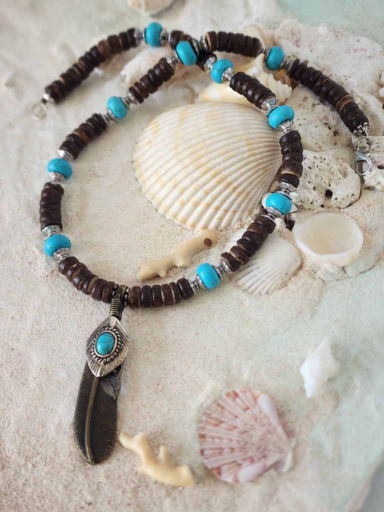 Bohemian Lover / Surf Choker Blue Stone Bronze Feather Unique Beaded Necklace for Men