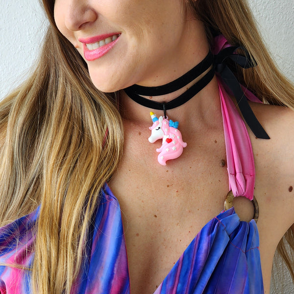 I Love My Unicorn / Boho Jewelry Avangard Vintage Toy Choker Velvet Bow Unicorn Upcycled Recycled Concept Store