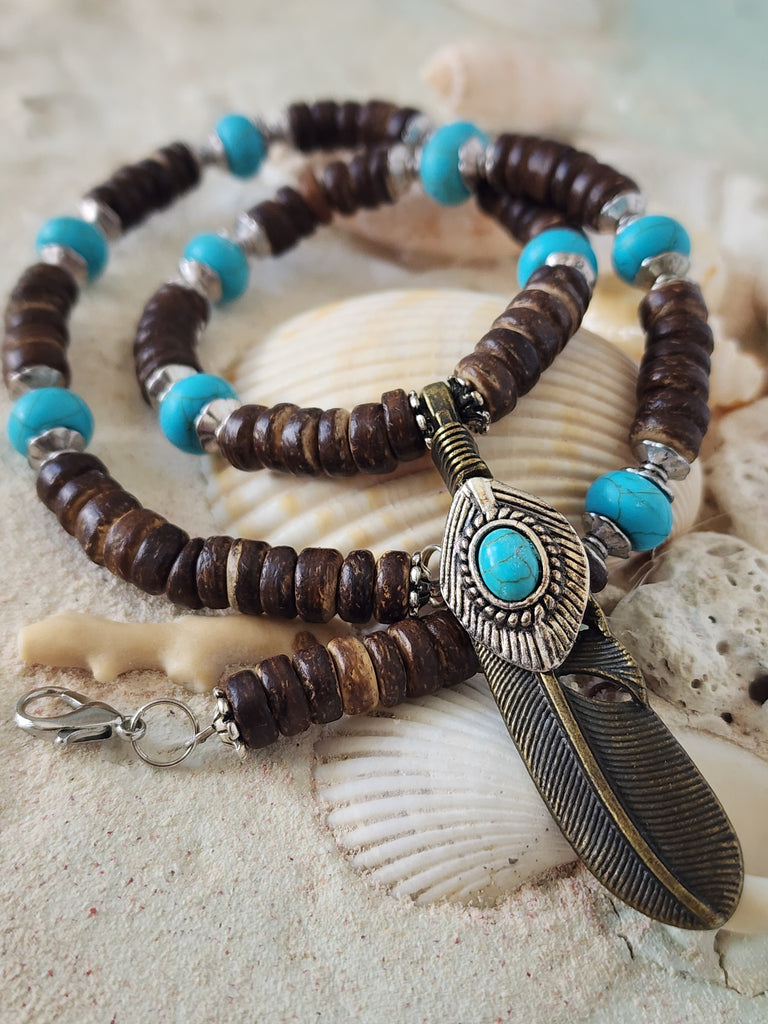 Bohemian Lover / Surf Choker Blue Stone Bronze Feather Unique Beaded Necklace for Men