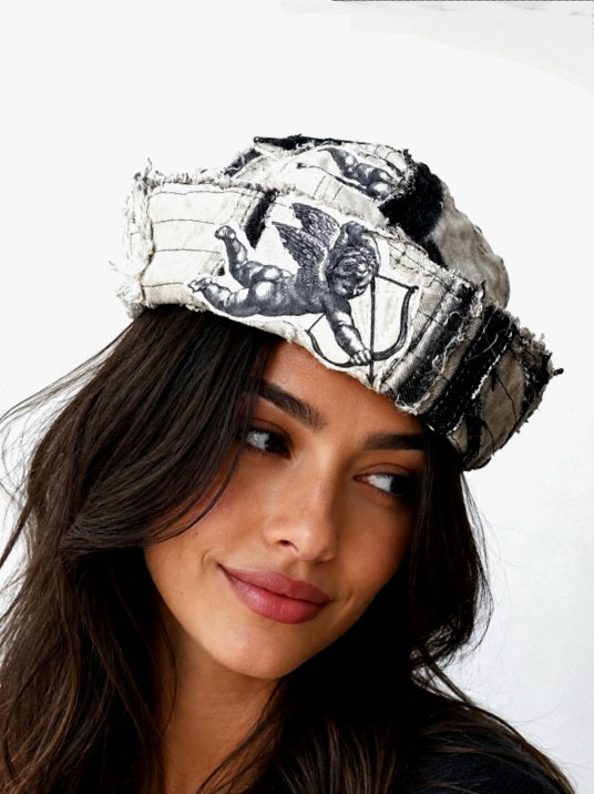 Angel Swing / Avant-Garde Sailor Hat Dyed Distressed Denim Cupid Angel Print Logo Patch Dark Academy Vintage
