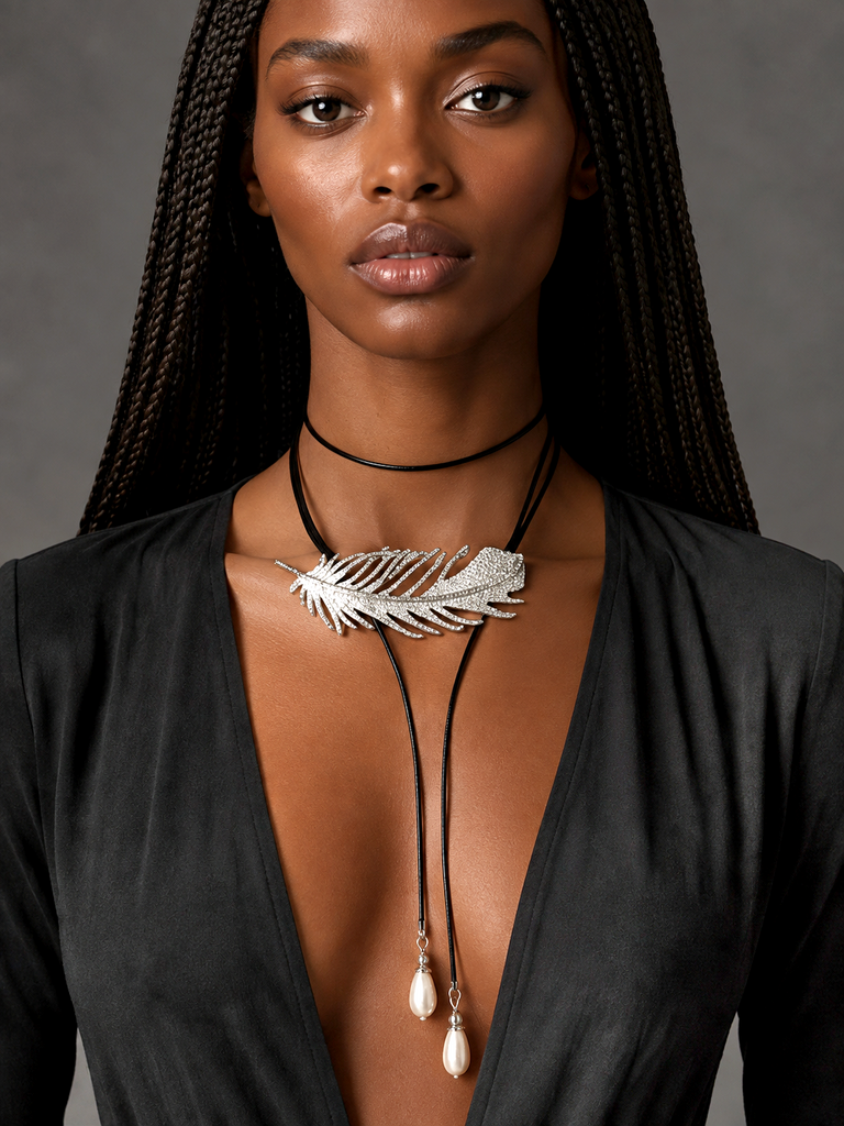 Patricia Night / 14K Gold plated Designer Couture Statement Necklace Feather Choker Topaz Pave Genuine Leather Pearl Lariat