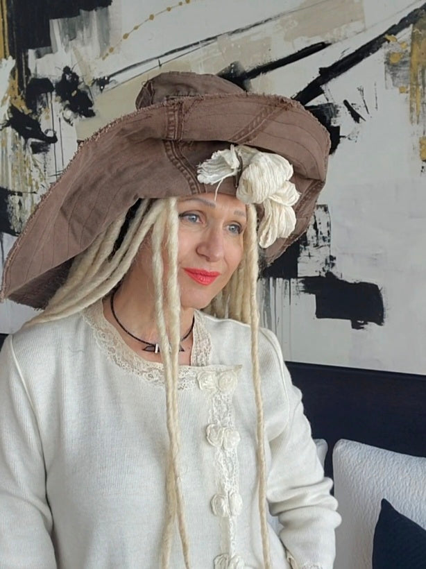 MOCCO ACADEMY / Designer Top Hat Shabby Chic Hat Upcycled Distressed Denim Bohemian style Hat Hand Stitched Top Hat Patchwork