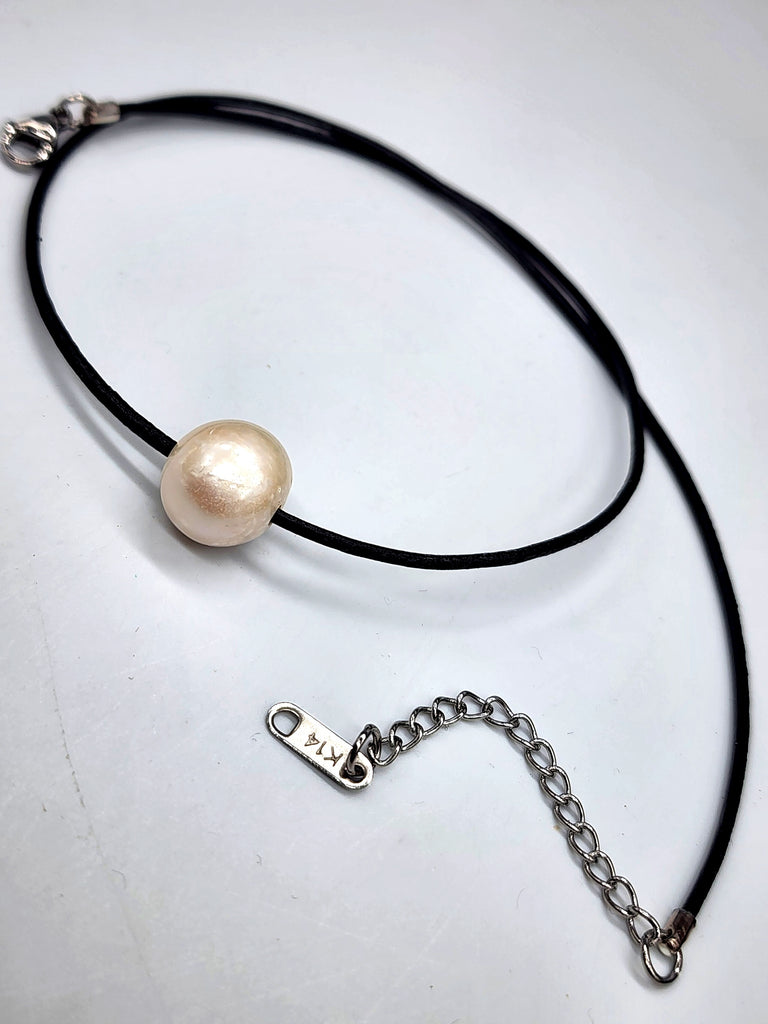 Floating Pearl / 14K White Gold Plated Chain Clasp Freshwatter Large Natural Pearl Genuine Black Leather