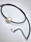 Floating Pearl / 14K White Gold Plated Chain Clasp Freshwatter Large Natural Pearl Genuine Black Leather