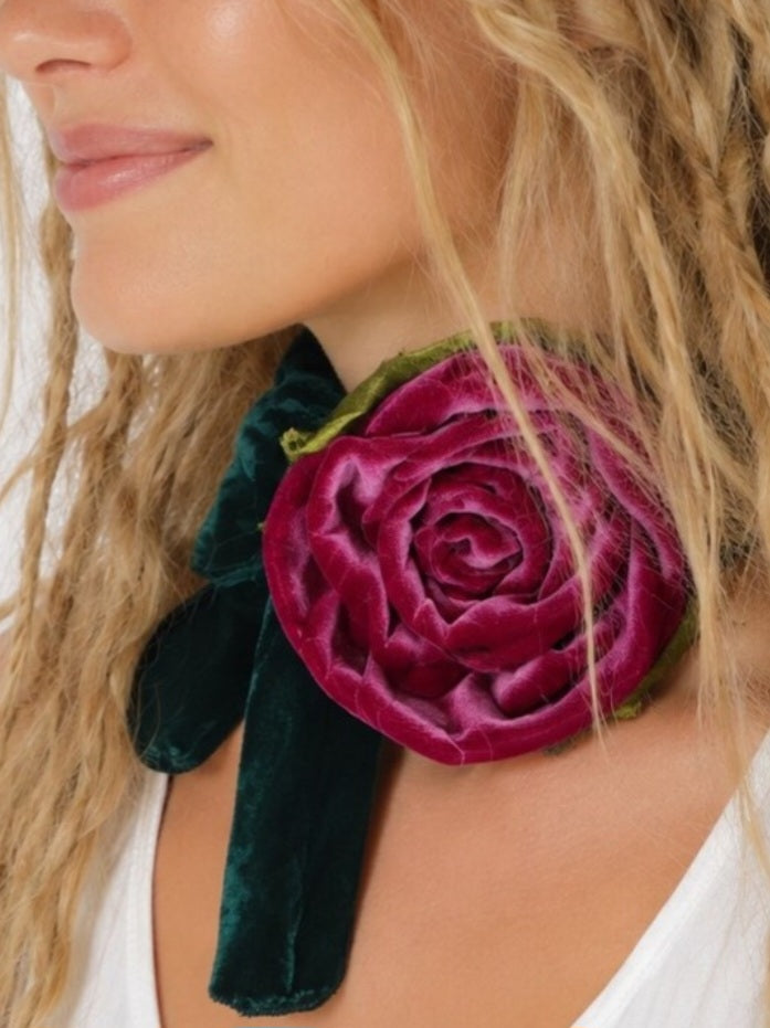 Burgundy Chic / Cottage Velvet Jabot Bow Tie Romantic Flower Fabric Rose Camellia Velvet Scarf Green Velvet Scarf