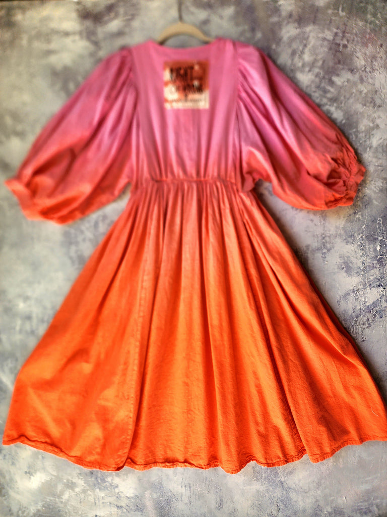 Ombré Tangerine Halyna / Designer Dress Upcycled Ombré Pink Tangerine Shabby Chic Cottage Butterfly JabotPatched Logo Monogram