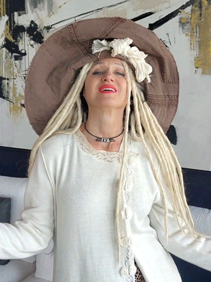 MOCCO ACADEMY / Designer Top Hat Shabby Chic Hat Upcycled Distressed Denim Bohemian style Hat Hand Stitched Top Hat Patchwork