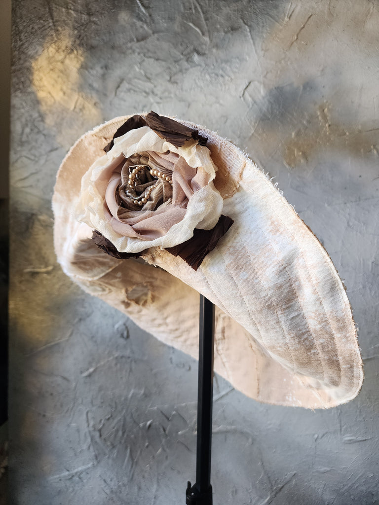 Comtesse La Fleur / Designer Top Hat Upcycled Raw Wide-Brim Rose Pin Pearl Embellishment Patched Artisan Hat